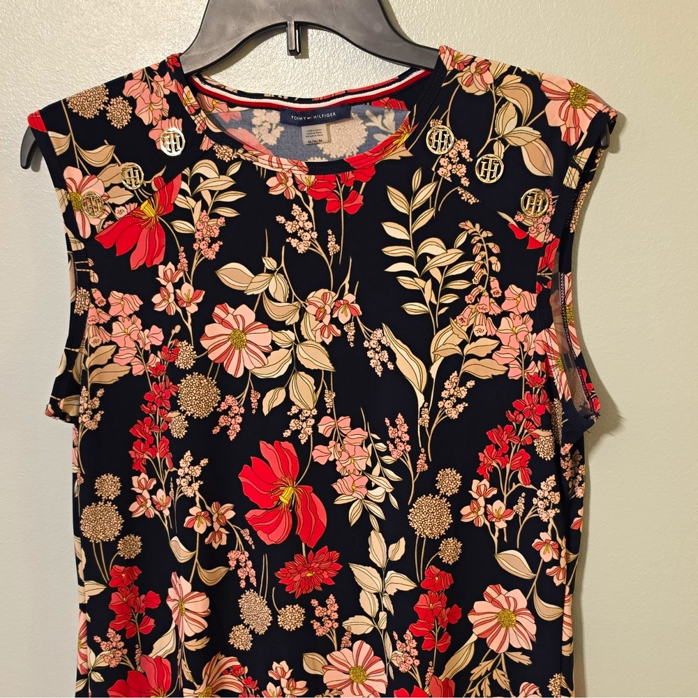 Tommy Hilfiger Navy Floral Knit Round Neck Sleeveless Tank Top Stretch M #317